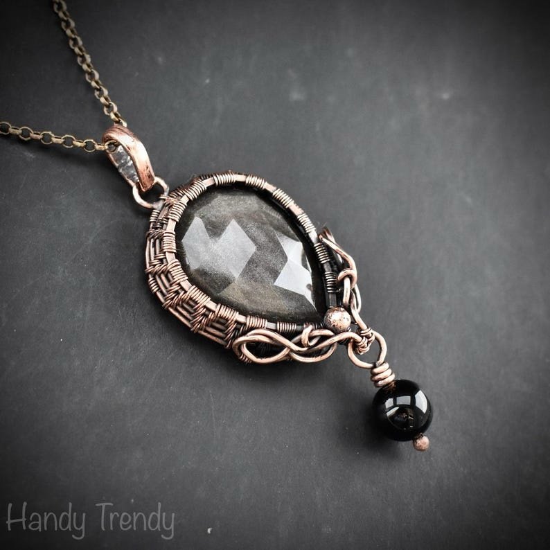 Silver obsidian and black onyx bead drop pendant, Copper wire wrapped necklace, Unique handmade gift, One of a kind artisan jewelry