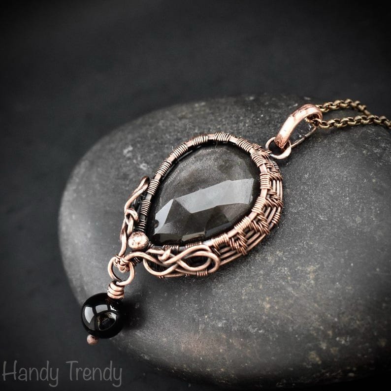 Silver obsidian and black onyx bead drop pendant, Copper wire wrapped necklace, Unique handmade gift, One of a kind artisan jewelry