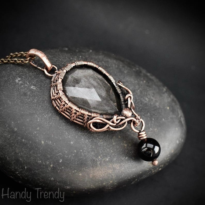 Silver obsidian and black onyx bead drop pendant, Copper wire wrapped necklace, Unique handmade gift, One of a kind artisan jewelry