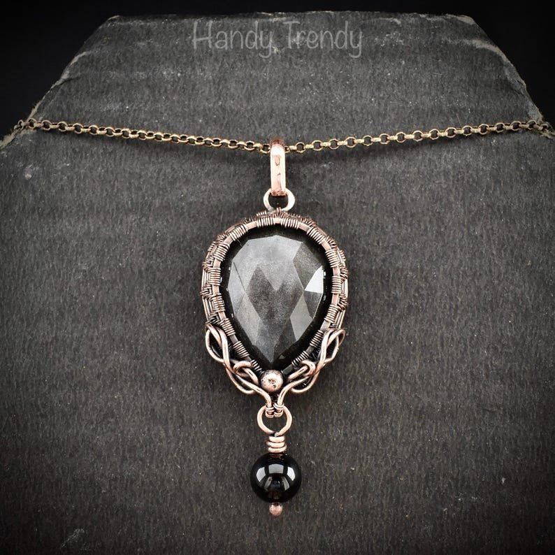 Silver obsidian and black onyx bead drop pendant, Copper wire wrapped necklace, Unique handmade gift, One of a kind artisan jewelry