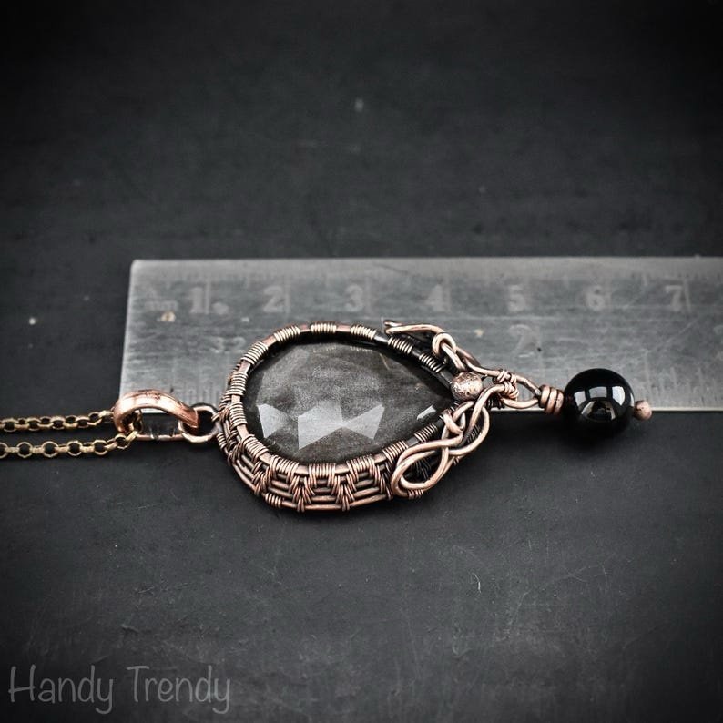 Silver obsidian and black onyx bead drop pendant, Copper wire wrapped necklace, Unique handmade gift, One of a kind artisan jewelry