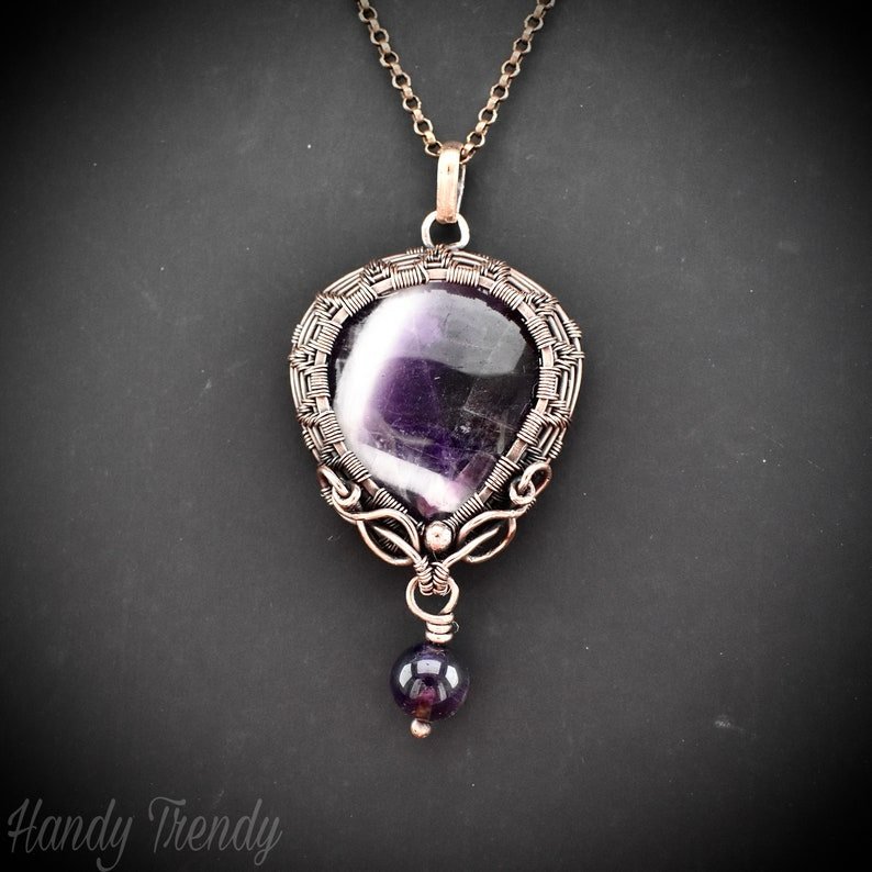 Star amethyst bead drop pendant, Copper wire wrapped necklace, Unique handmade gift, One of a kind jewelry, Artisan boho jewelry