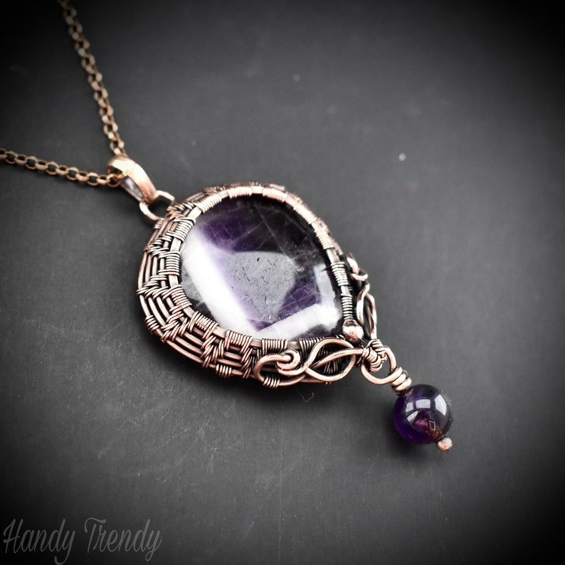 Star amethyst bead drop pendant, Copper wire wrapped necklace, Unique handmade gift, One of a kind jewelry, Artisan boho jewelry