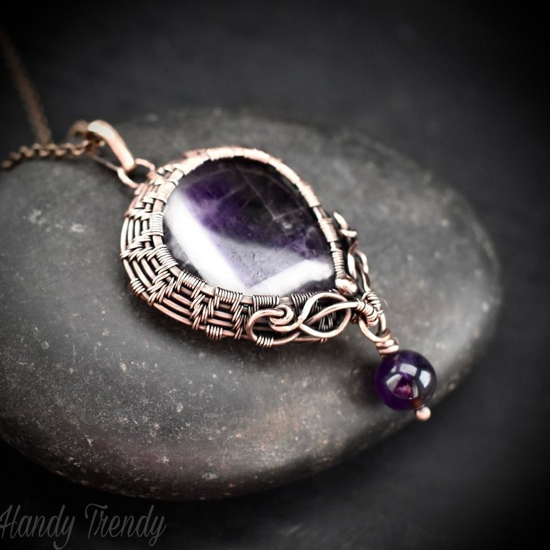 Star amethyst bead drop pendant, Copper wire wrapped necklace, Unique handmade gift, One of a kind jewelry, Artisan boho jewelry