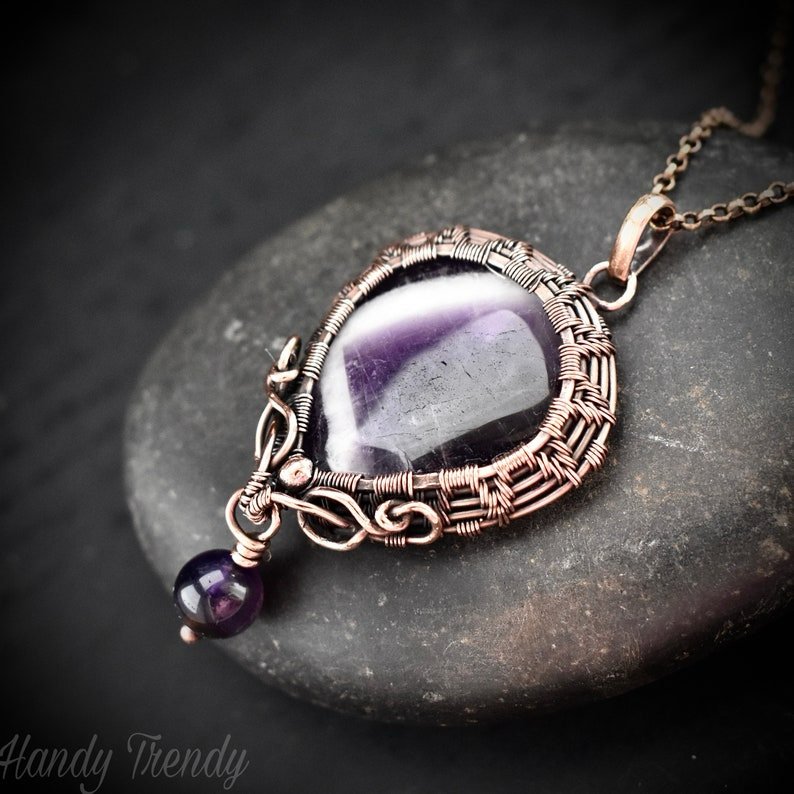 Star amethyst bead drop pendant, Copper wire wrapped necklace, Unique handmade gift, One of a kind jewelry, Artisan boho jewelry