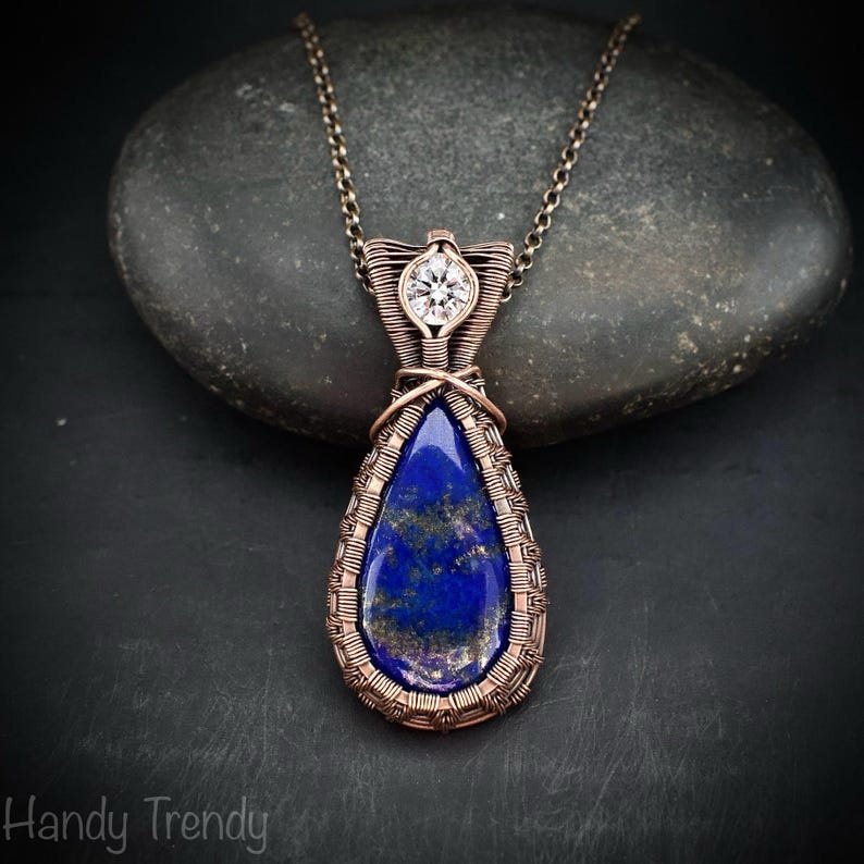 Lapis lazuli and white CZ stone pendant, Copper wire wrapped jewelry, Unique handmade gift, One of a kind artisan boho necklace
