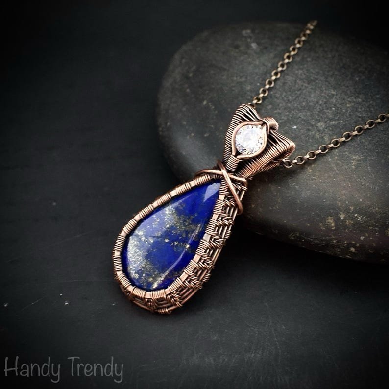 Lapis lazuli and white CZ stone pendant, Copper wire wrapped jewelry, Unique handmade gift, One of a kind artisan boho necklace
