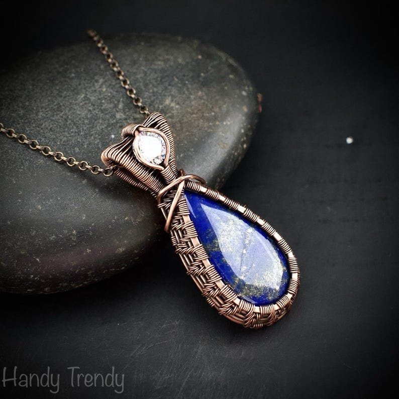 Lapis lazuli and white CZ stone pendant, Copper wire wrapped jewelry, Unique handmade gift, One of a kind artisan boho necklace