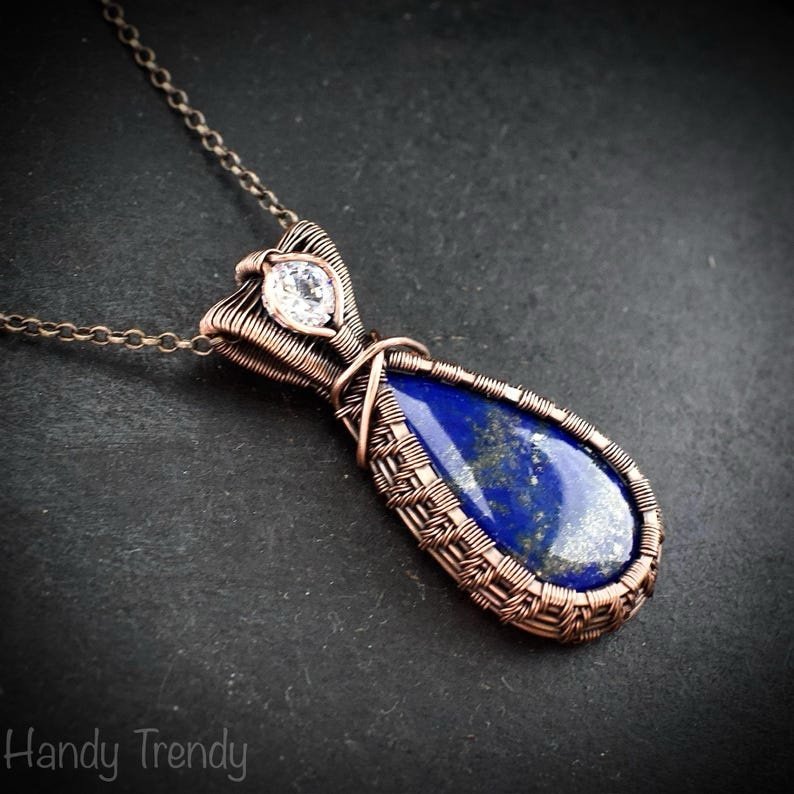 Lapis lazuli and white CZ stone pendant, Copper wire wrapped jewelry, Unique handmade gift, One of a kind artisan boho necklace