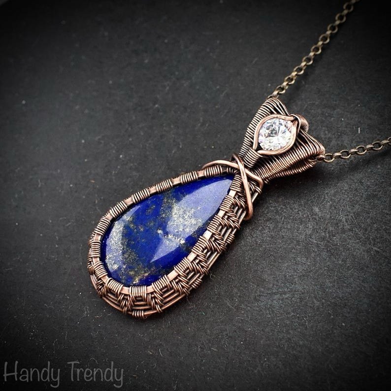 Lapis lazuli and white CZ stone pendant, Copper wire wrapped jewelry, Unique handmade gift, One of a kind artisan boho necklace