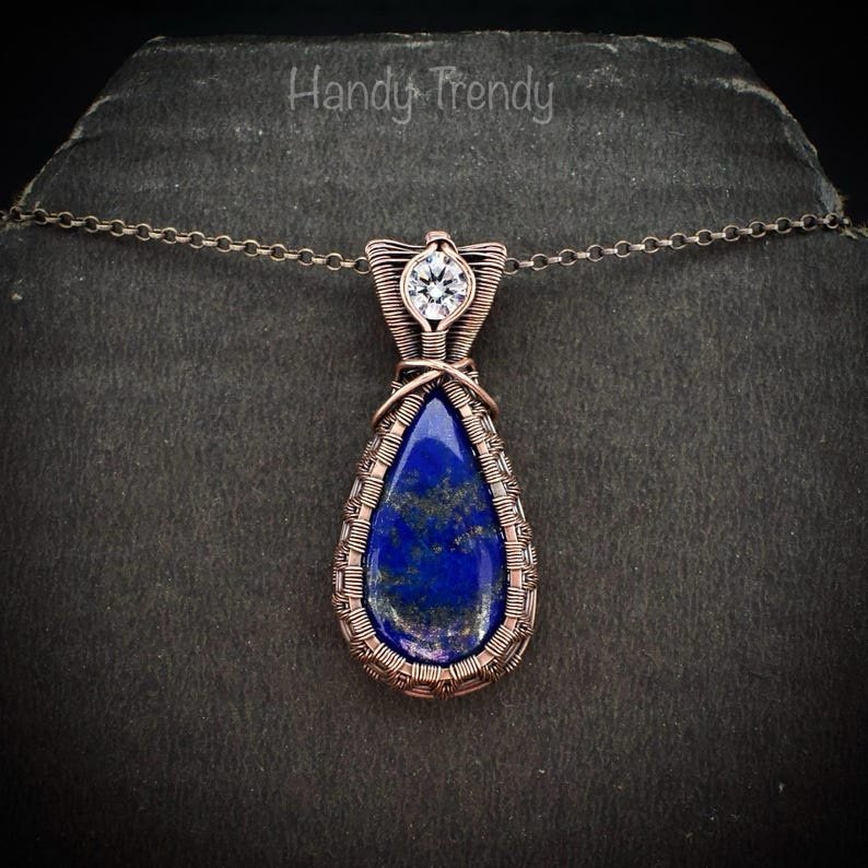 Lapis lazuli and white CZ stone pendant, Copper wire wrapped jewelry, Unique handmade gift, One of a kind artisan boho necklace
