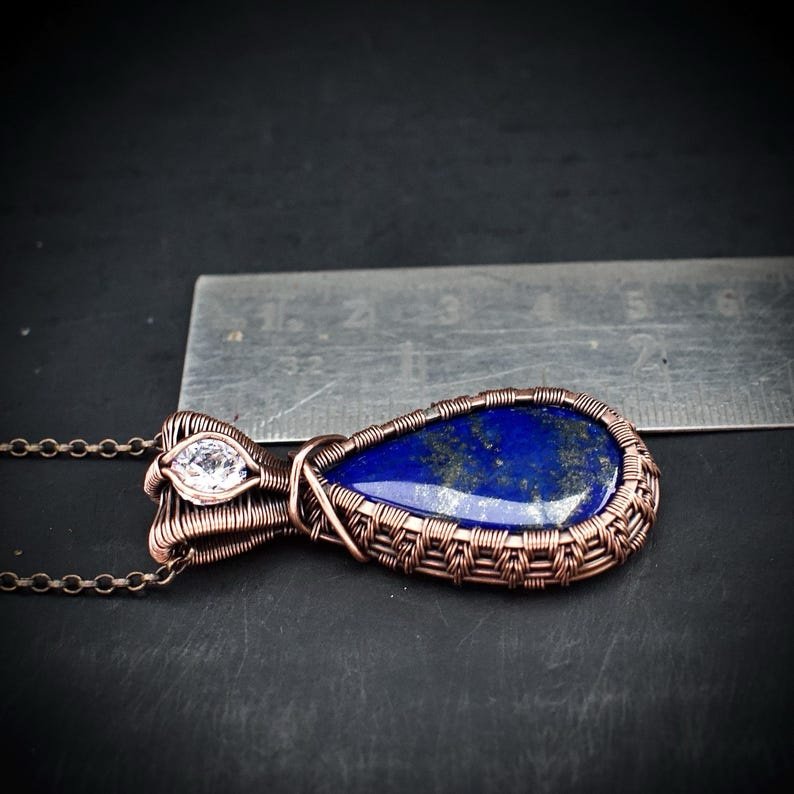 Lapis lazuli and white CZ stone pendant, Copper wire wrapped jewelry, Unique handmade gift, One of a kind artisan boho necklace