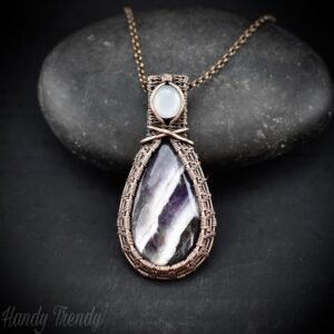 Star amethyst and white moonstone gemstone pendant, Copper wire wrap jewelry, Unique handmade Gift, Artisan necklace, One of a kind piece