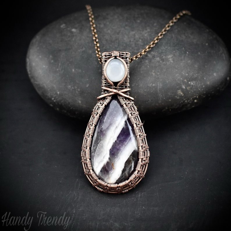 Star amethyst and white moonstone gemstone pendant, Copper wire wrap jewelry, Unique handmade Gift, Artisan necklace, One of a kind piece