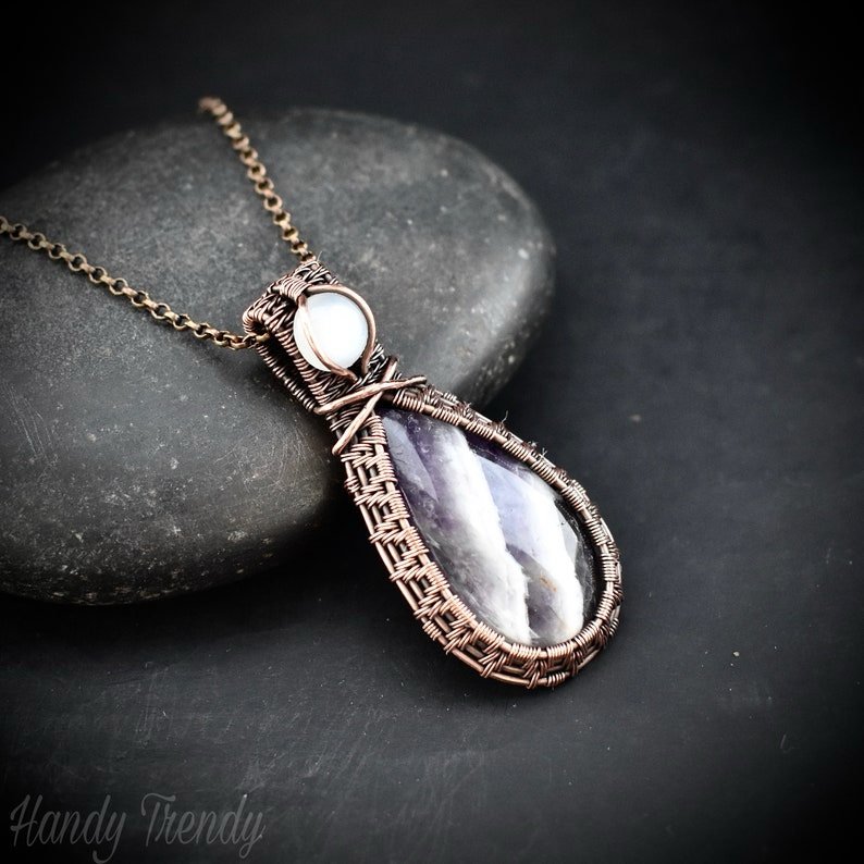 Star amethyst and white moonstone gemstone pendant, Copper wire wrap jewelry, Unique handmade Gift, Artisan necklace, One of a kind piece