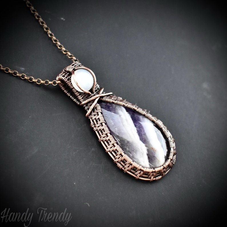 Star amethyst and white moonstone gemstone pendant, Copper wire wrap jewelry, Unique handmade Gift, Artisan necklace, One of a kind piece