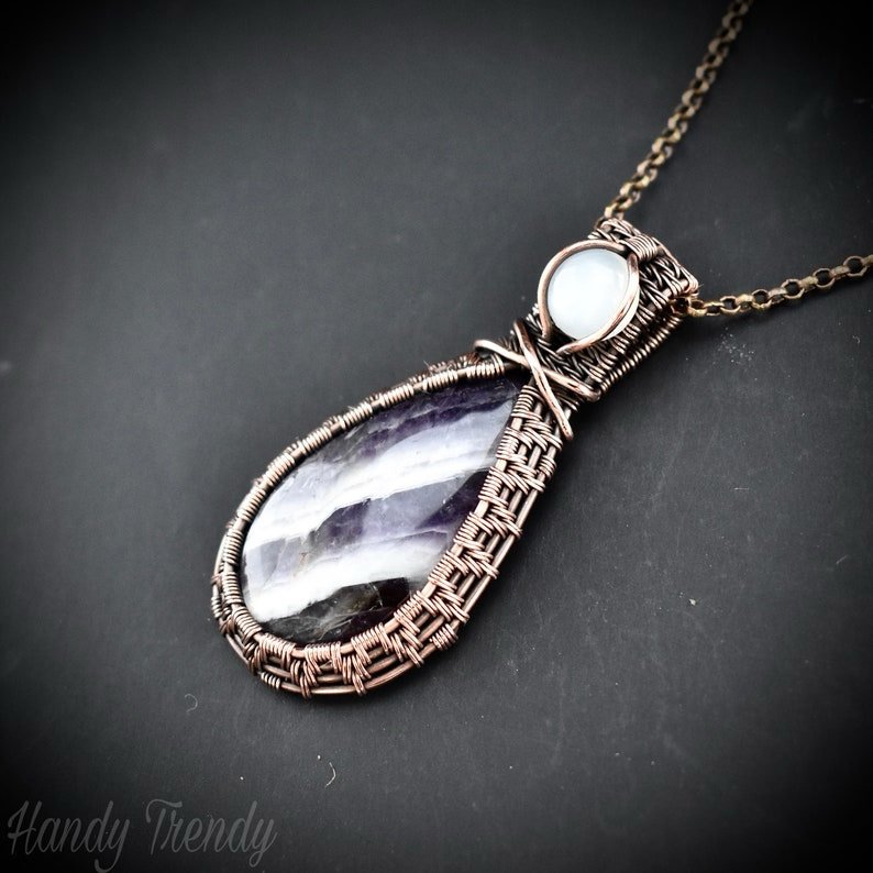 Star amethyst and white moonstone gemstone pendant, Copper wire wrap jewelry, Unique handmade Gift, Artisan necklace, One of a kind piece