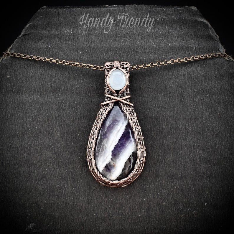 Star amethyst and white moonstone gemstone pendant, Copper wire wrap jewelry, Unique handmade Gift, Artisan necklace, One of a kind piece