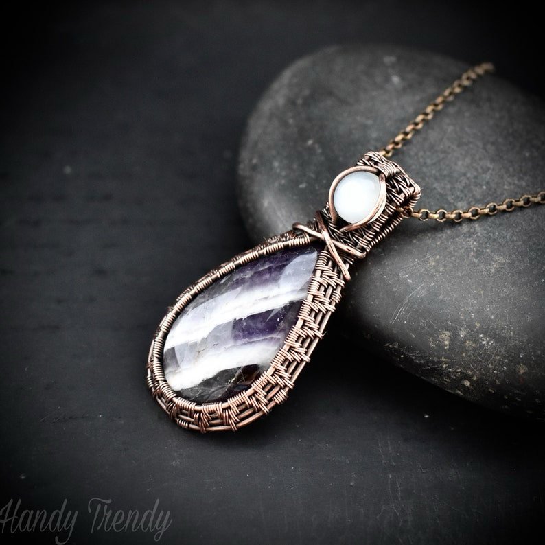 Star amethyst and white moonstone gemstone pendant, Copper wire wrap jewelry, Unique handmade Gift, Artisan necklace, One of a kind piece