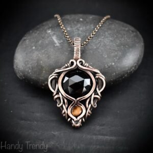 Black onyx and yellow tiger eye pendant, Free-Flow copper wire wrapped necklace, Unique handmade gift, One of a kind pendant