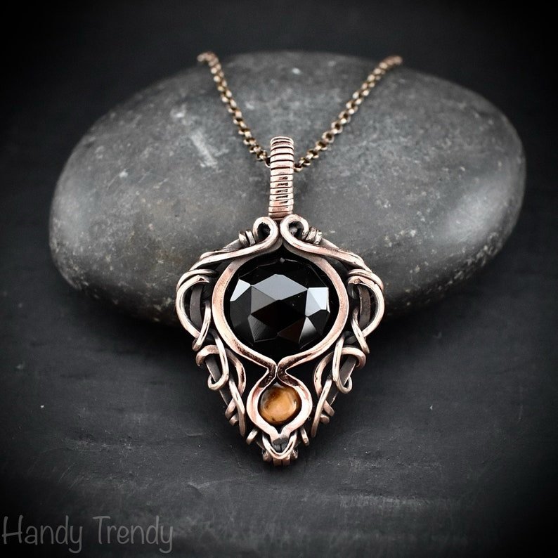 Black onyx and yellow tiger eye pendant, Free-Flow copper wire wrapped necklace, Unique handmade gift, One of a kind pendant