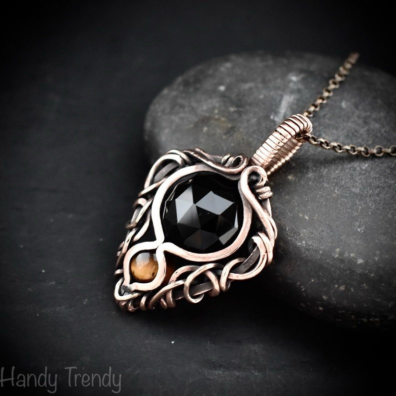 Black onyx and yellow tiger eye pendant, Free-Flow copper wire wrapped necklace, Unique handmade gift, One of a kind pendant