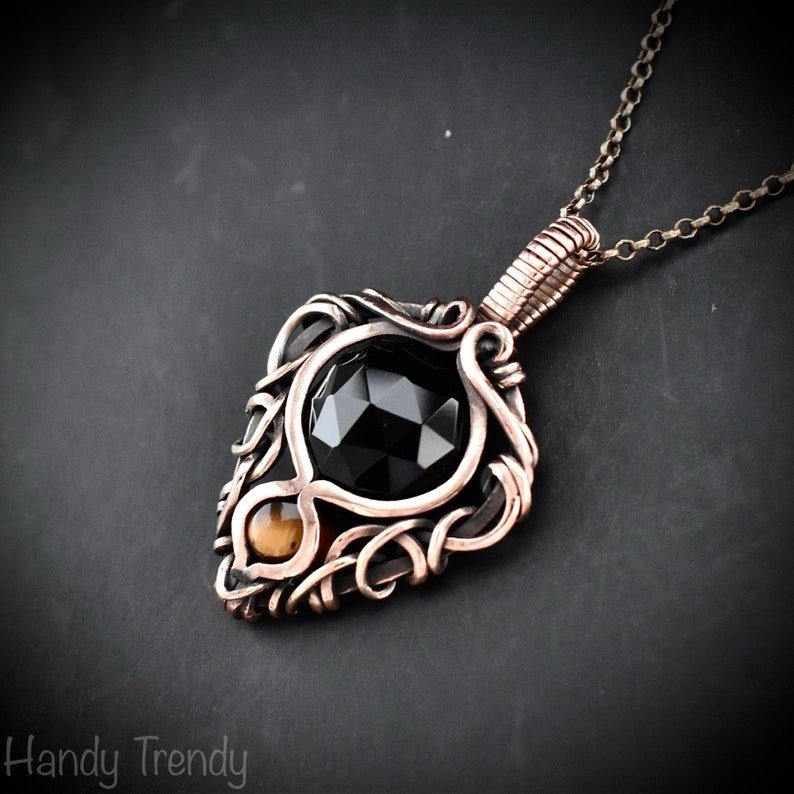 Black onyx and yellow tiger eye pendant, Free-Flow copper wire wrapped necklace, Unique handmade gift, One of a kind pendant