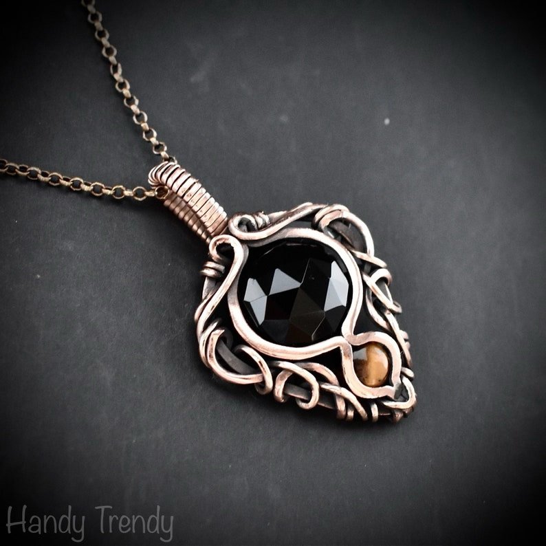Black onyx and yellow tiger eye pendant, Free-Flow copper wire wrapped necklace, Unique handmade gift, One of a kind pendant