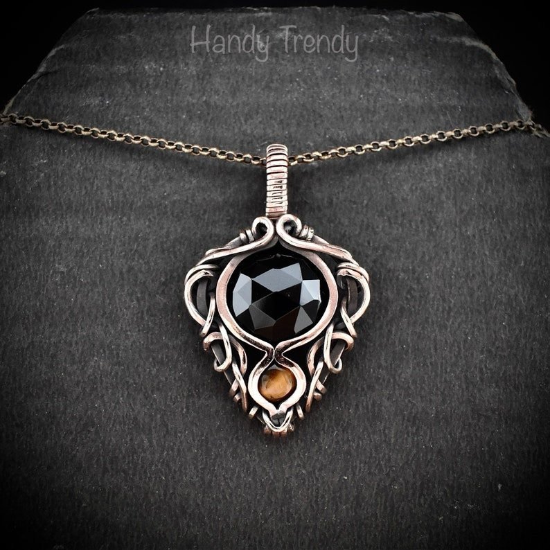 Black onyx and yellow tiger eye pendant, Free-Flow copper wire wrapped necklace, Unique handmade gift, One of a kind pendant