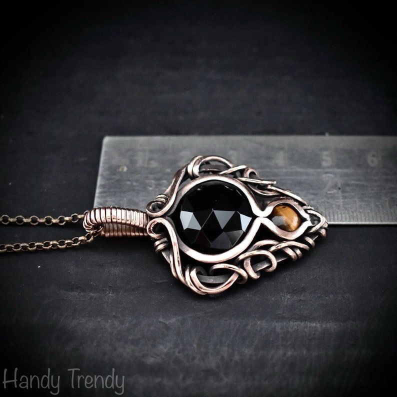 Black onyx and yellow tiger eye pendant, Free-Flow copper wire wrapped necklace, Unique handmade gift, One of a kind pendant