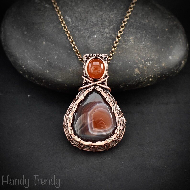 Orange botswana agate and carnelian gemstone pendant, Copper wire wrap jewelry, Unique handmade Gift, Artisan necklace, One of a kind piece