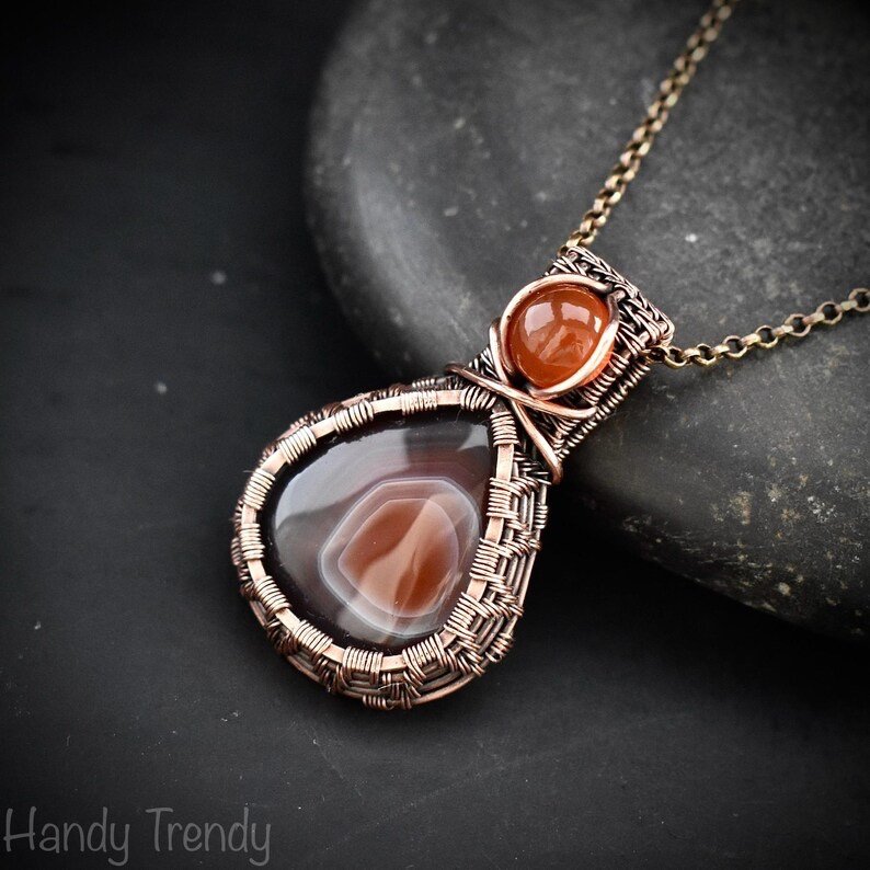 Orange botswana agate and carnelian gemstone pendant, Copper wire wrap jewelry, Unique handmade Gift, Artisan necklace, One of a kind piece