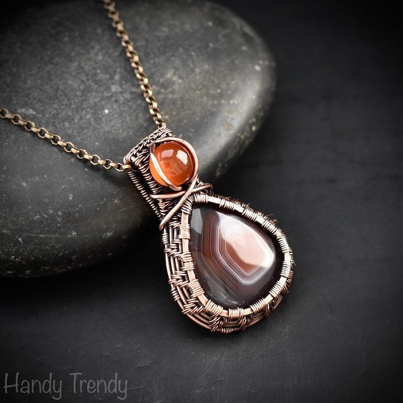 Orange botswana agate and carnelian gemstone pendant, Copper wire wrap jewelry, Unique handmade Gift, Artisan necklace, One of a kind piece