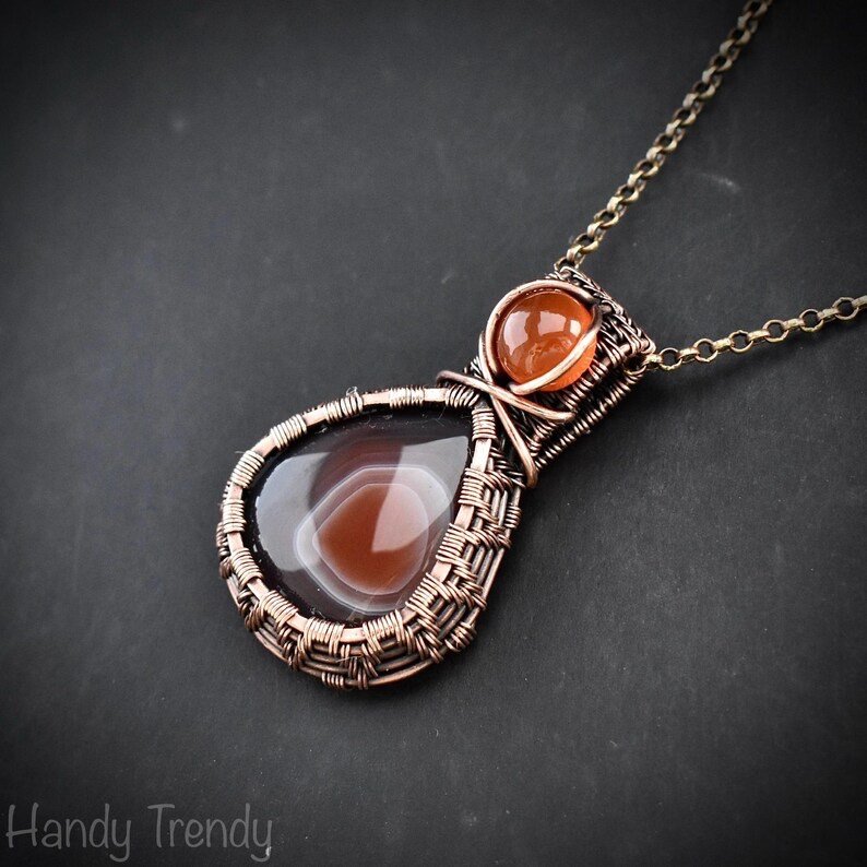 Orange botswana agate and carnelian gemstone pendant, Copper wire wrap jewelry, Unique handmade Gift, Artisan necklace, One of a kind piece