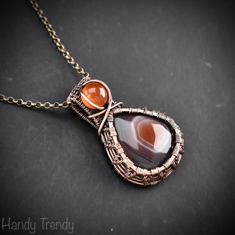 Orange botswana agate and carnelian gemstone pendant, Copper wire wrap jewelry, Unique handmade Gift, Artisan necklace, One of a kind piece