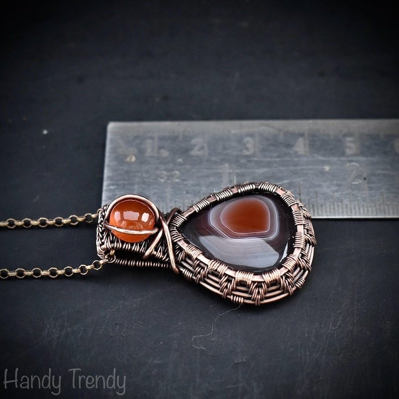 Orange botswana agate and carnelian gemstone pendant, Copper wire wrap jewelry, Unique handmade Gift, Artisan necklace, One of a kind piece