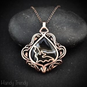 Bat pendant, Free-Flow black banded agate and copper wire wrapped necklace, Unique handmade gift, Artisan bird animal jewelry