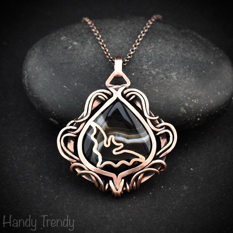 Bat pendant, Free-Flow black banded agate and copper wire wrapped necklace, Unique handmade gift, Artisan bird animal jewelry