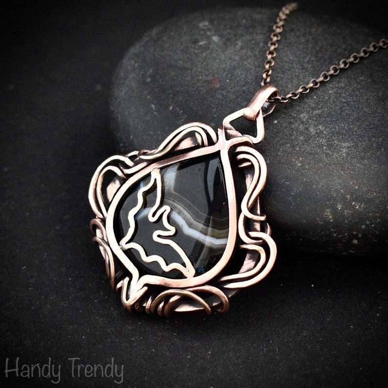 Bat pendant, Free-Flow black banded agate and copper wire wrapped necklace, Unique handmade gift, Artisan bird animal jewelry