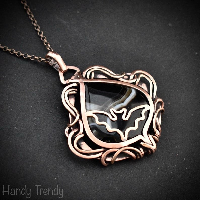 Bat pendant, Free-Flow black banded agate and copper wire wrapped necklace, Unique handmade gift, Artisan bird animal jewelry