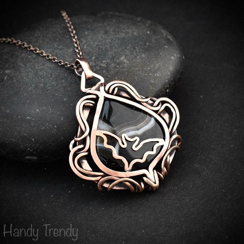 Bat pendant, Free-Flow black banded agate and copper wire wrapped necklace, Unique handmade gift, Artisan bird animal jewelry