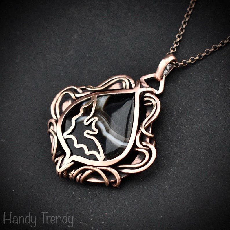 Bat pendant, Free-Flow black banded agate and copper wire wrapped necklace, Unique handmade gift, Artisan bird animal jewelry