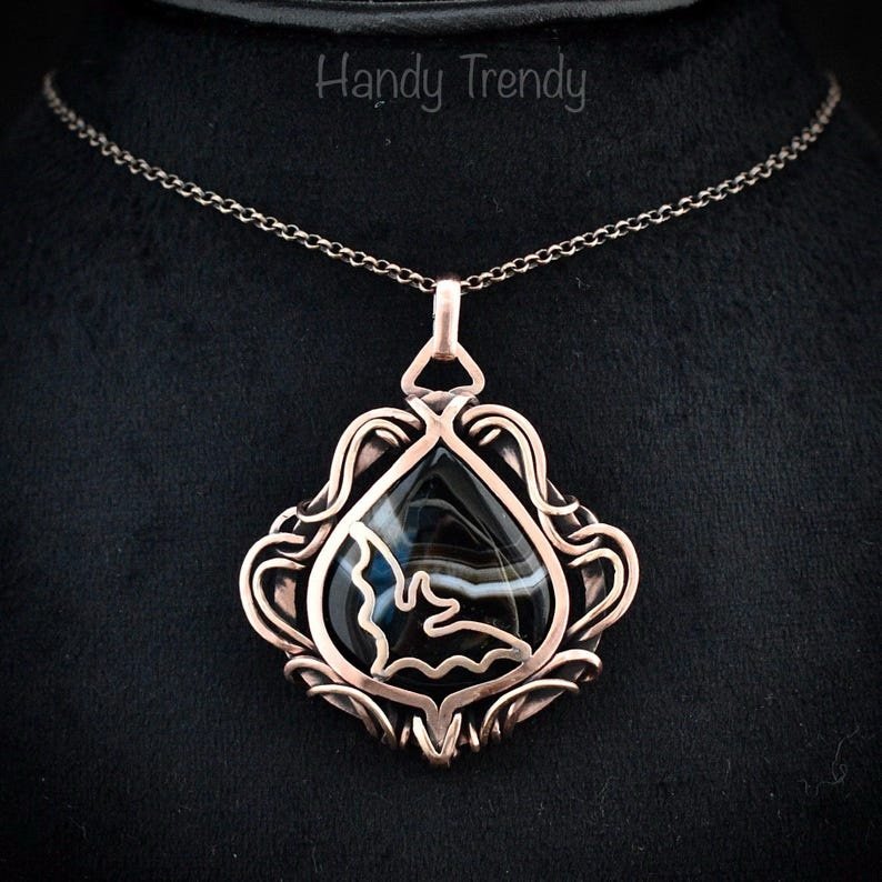 Bat pendant, Free-Flow black banded agate and copper wire wrapped necklace, Unique handmade gift, Artisan bird animal jewelry