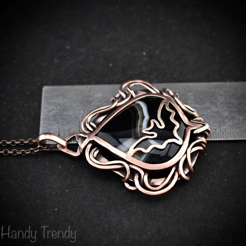 Bat pendant, Free-Flow black banded agate and copper wire wrapped necklace, Unique handmade gift, Artisan bird animal jewelry