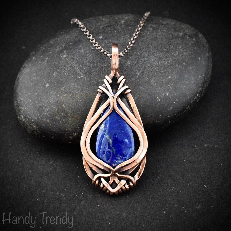 Lapis lazuli free-flow pendant, Copper wire wrapped jewelry, Unique handmade gift, One of a kind necklace, Artisan boho necklace