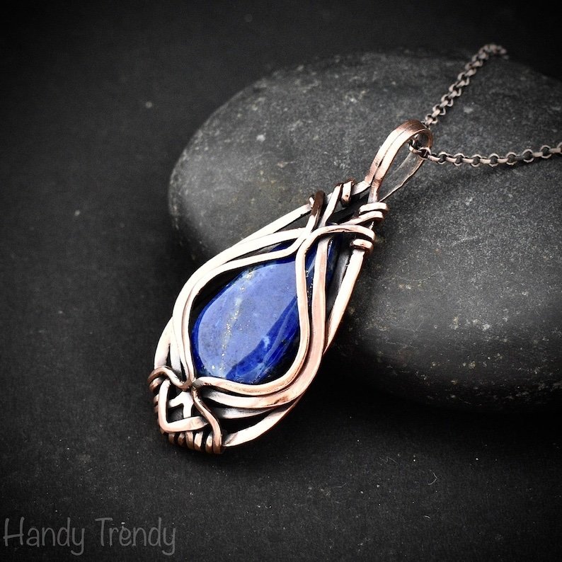 Lapis lazuli free-flow pendant, Copper wire wrapped jewelry, Unique handmade gift, One of a kind necklace, Artisan boho necklace
