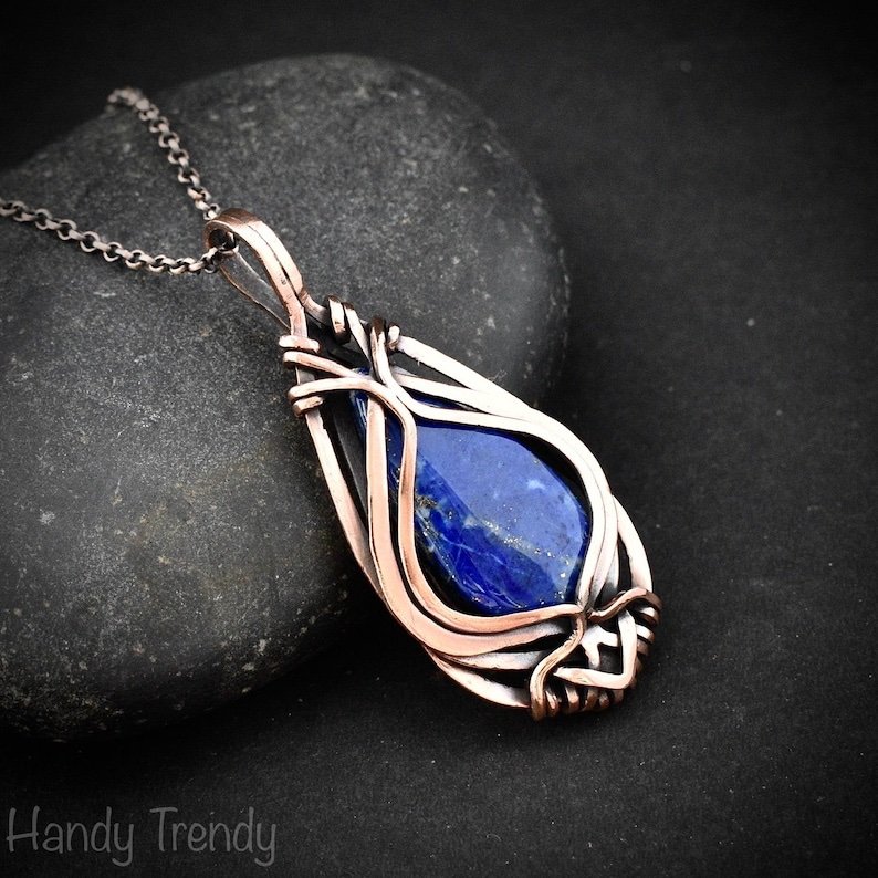 Lapis lazuli free-flow pendant, Copper wire wrapped jewelry, Unique handmade gift, One of a kind necklace, Artisan boho necklace