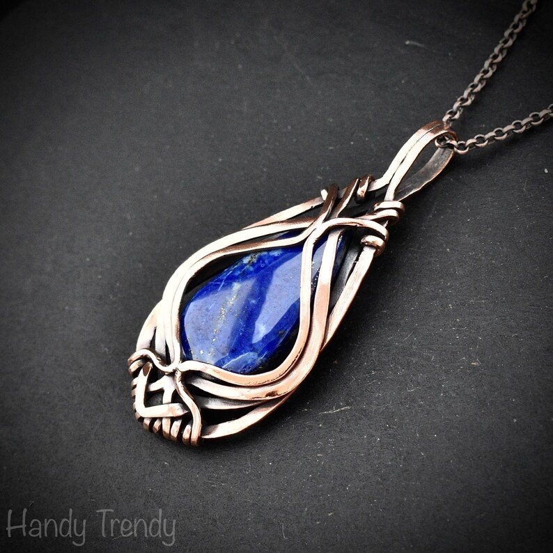 Lapis lazuli free-flow pendant, Copper wire wrapped jewelry, Unique handmade gift, One of a kind necklace, Artisan boho necklace