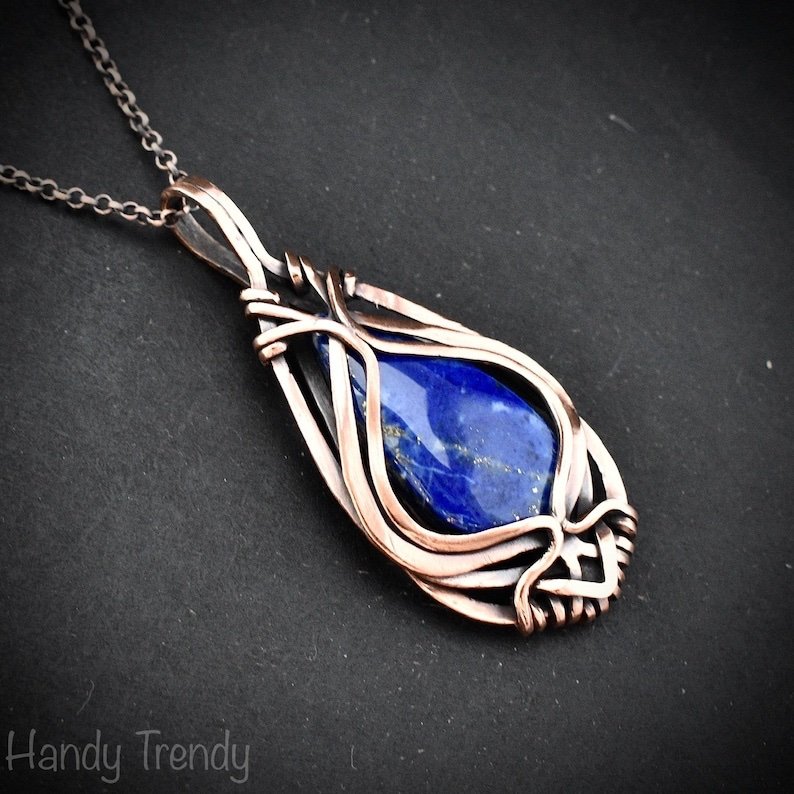 Lapis lazuli free-flow pendant, Copper wire wrapped jewelry, Unique handmade gift, One of a kind necklace, Artisan boho necklace