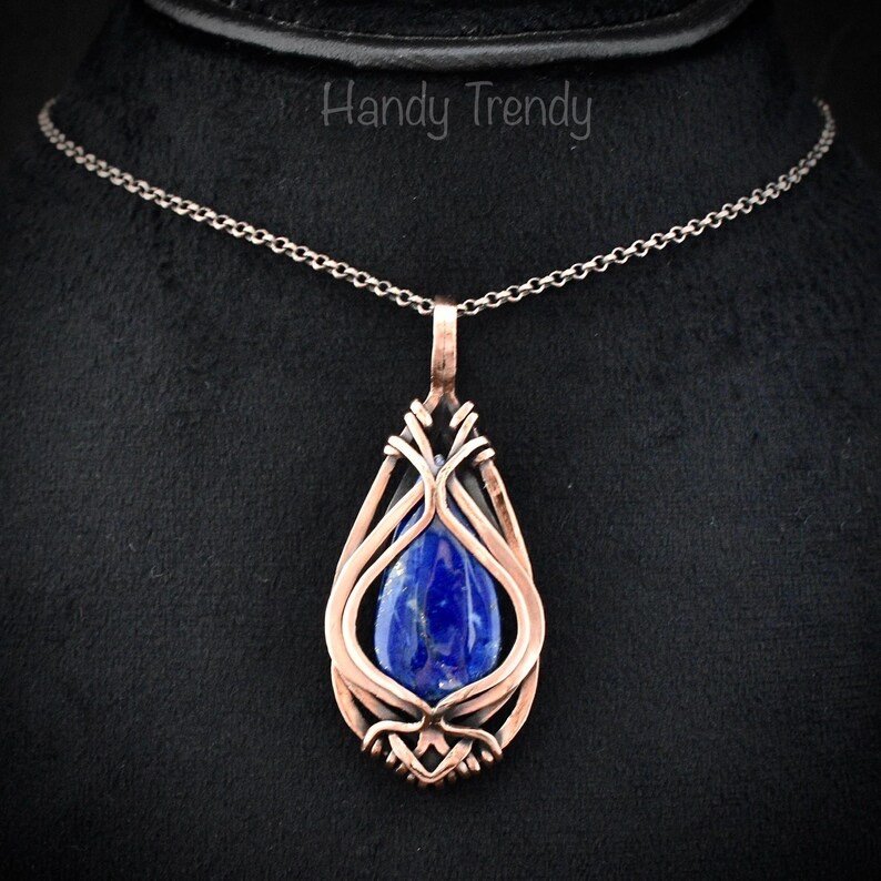 Lapis lazuli free-flow pendant, Copper wire wrapped jewelry, Unique handmade gift, One of a kind necklace, Artisan boho necklace